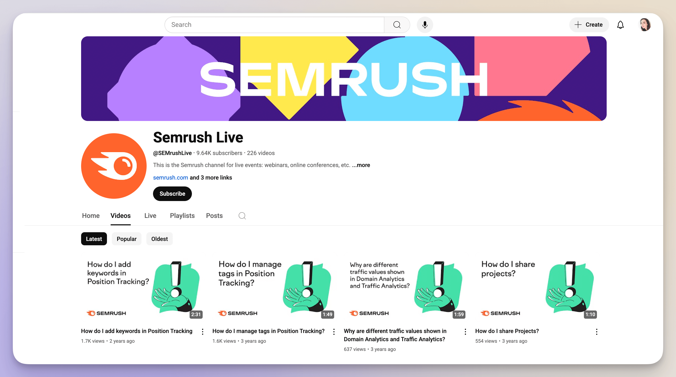 semrush live videos youtube page